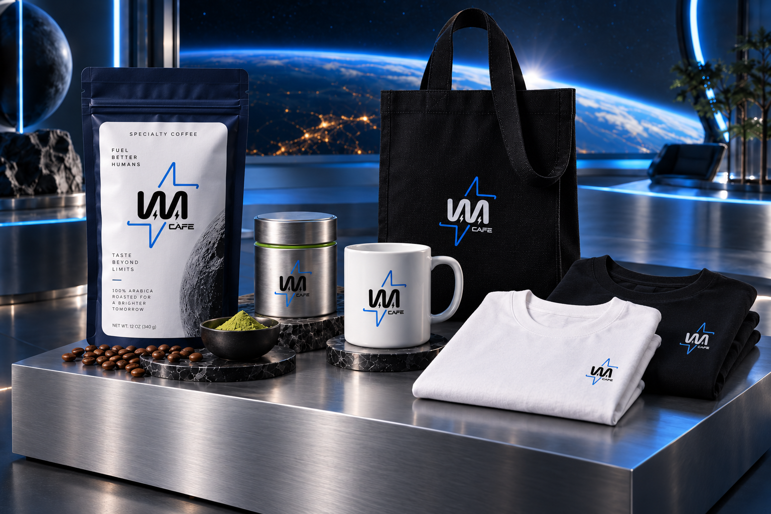 Space cafe coffee, matcha and merchandise concept