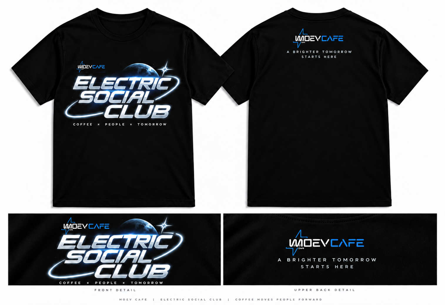 เสื้อยืด MOEVCAFE สีดำ ด้านหน้า ด้านหลัง และรายละเอียดลาย