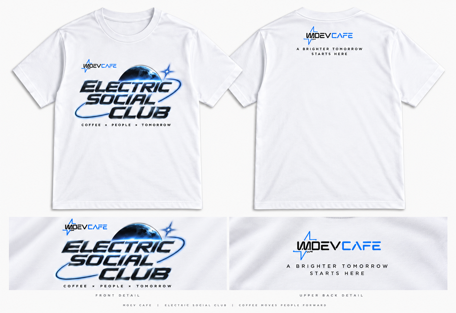 เสื้อยืด MOEVCAFE สีขาว ด้านหน้า ด้านหลัง และรายละเอียดลาย